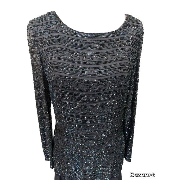 Black Tie Oleg Cassini Dress Size 14 Navy Blue Beaded Long Sleeve Lined Zip Back - Picture 2 of 5